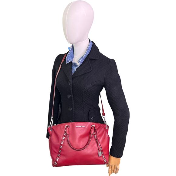 Michael Kors Sadie Large Cherry Red Leather Satchel Bag Silver Chain Hardware - Picture 2 of 16